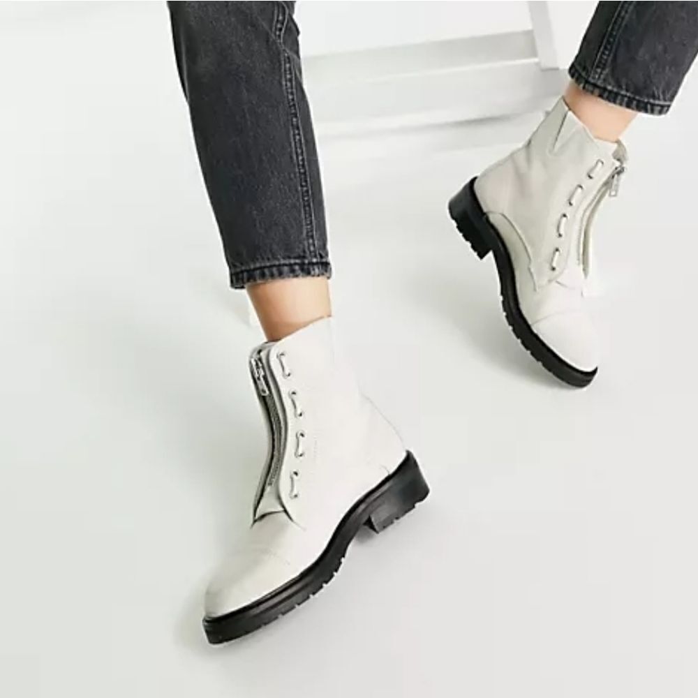 All Saints Ariel Front Zip Leather Combat Boots Booties White Suede Woman's 10